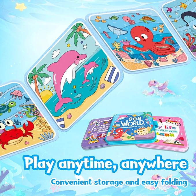 Water Painting Book for Kids - 4 Pack Magic Water Coloring Book with Water Pen Themes - Mess Free Water Art Book for Toddlers,No Mess Paint Coloring & Reusable Fun for Ages 3+ Travel Activity Toys