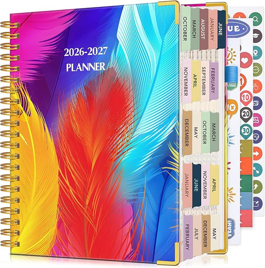 Planner 2026-2027, 18 Months Weekly and Monthly Daily Planner from January 2026 - June 2027, 8.5" x 11" A4 Large Hardcover Agenda Organizer Book 2026 with Tabs, Spiral Yearly Calendar Planners for School Work Home, Colorful Feather