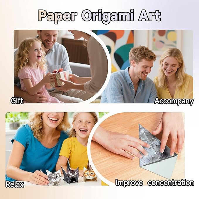 POPLOPP DIY Paper Cats Origami Kit, 50 Sheets 3D Origami Paper to Fold Cute Cat Figures, Fun Craft Activity for Kids & Adults, Desk Decor and Gift for Pet Lovers