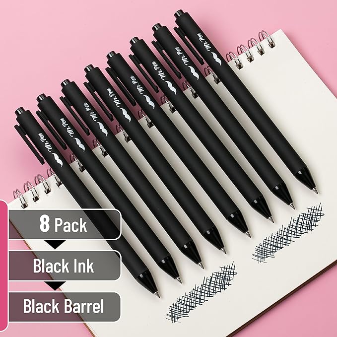 Mr. Pen- Retractable Gel Pens, 8 Pack, Black Ink, Black Barrels, Fine Point 0.5 mm, Fast Dry, Smooth Writing, Cute Pens for Drawing, Writing Planner and School Supplies