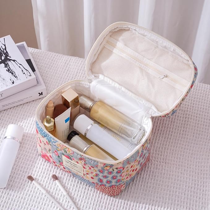 uekeboag Large Travel Quilted Makeup Bag for Women | Soft Floral Cotton Cosmetic Bag, Foldable Coquette Aesthetic Toiletry Organizer