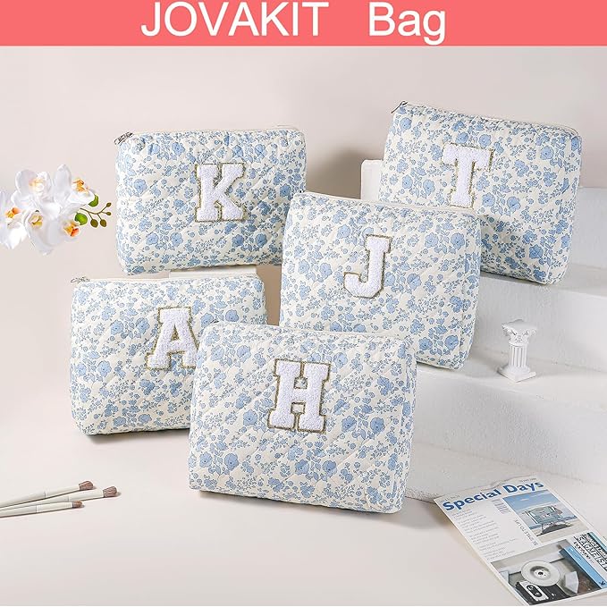 JOVAKIT Alphabet Makeup Bag Cosmetic Bag for Women, Christmas Gifts for Girls Age 6-18, Floral Flowers Coquette Travel Toiletry Zipper Make Up Pouch Organizer Trendy Stuff (2Pcs Blue Floral H)