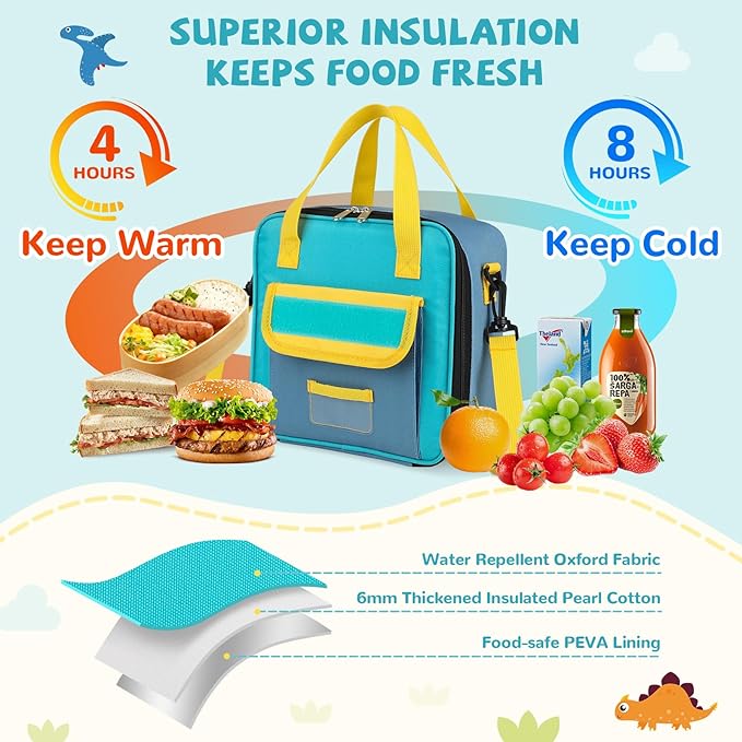 REDSHELL Tactical Lunch Box Kids, Large Insulated Lunch Bag for Boys Girls, Cooler Lunchbag, Square Toddler Lunchbox, School Daycare Lunch Tote Pail with Water Bottle Holder Shoulder Strap, Blue