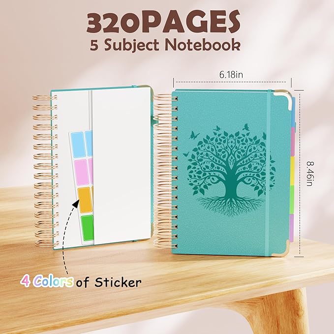 QIYVLOS Hardcover Spiral Notebook, A5 Journal with Removable Dividers Tabs, 5 Subject Notebook College Ruled, 320 Pages 6"x8" Leather Notebooks for Work School Study, Lined Journal for Women, Cyan