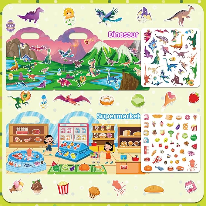 Jelly Sticker Books for Toddlers 2-4 Years, 4 Sets Reusable Sticker Books for Toddlers 1-3, Travel Toys Stickers Activity Book for Ages 2 3 4 5 6 Boy Girl Birthday Gifts (4Sets-Collection 2)