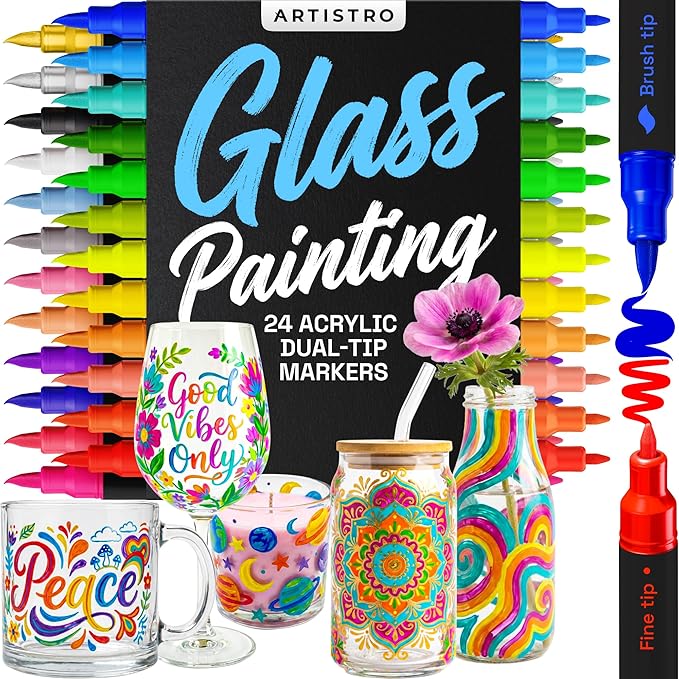 ARTISTRO 24 Glass Acrylic Paint Markers - Erasable Wine Glass Markers - Paint Pens for Windows, Mirrors, Ceramic and Mugs with Brush + Fine Dual-Tip Combo