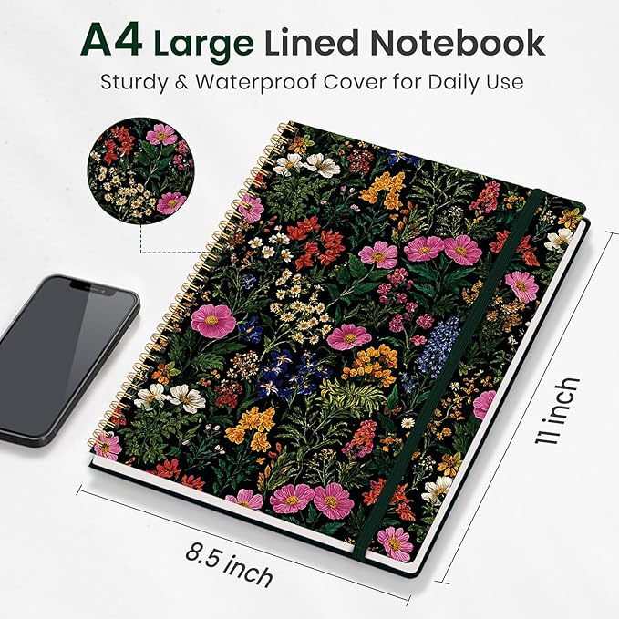 Taja Large Spiral Lined Journal for Women, 8.5" x 11" Notebooks for Work Collge Ruled, A4 Aesthetic Cute Journaling Notebooks for Writing, Plastic Cover, Abundant Floral