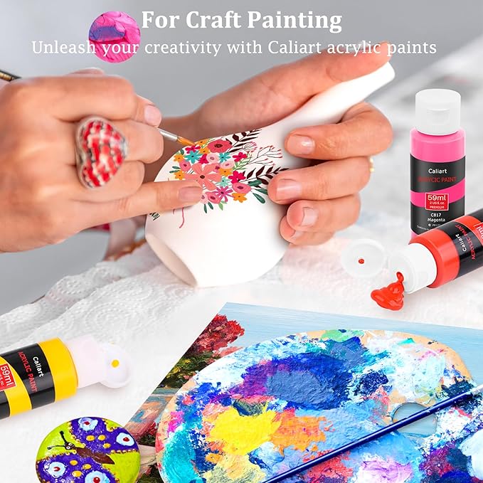 Caliart Acrylic Paint Set with 12 Brushes, 36 Colors Art Craft Paint Kits for Artists Kids Adults Beginners, Rich Pigments Non-toxic, Canvas Ceramic Wood Rock Painting Supplies