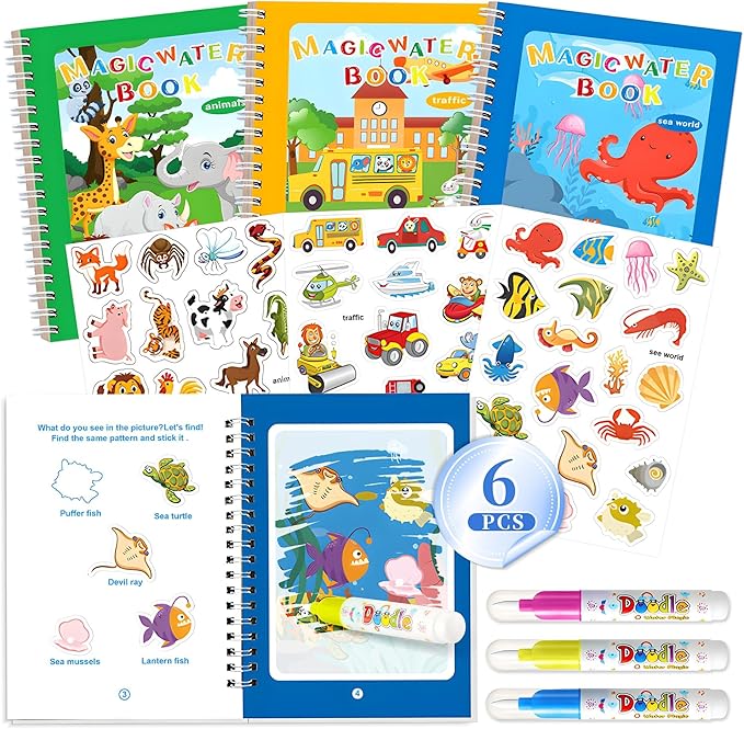 3P Water-Reveal Coloring Book for Toddlers–Mess Free Reusable Water Painting Pad with Pen,Animal/Underwater/Transport Themes,Travel Activities,Party Favors,Holiday & Birthday Gifts for Kids Ages 3+