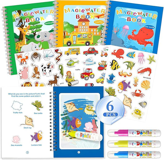 3P Water-Reveal Coloring Book for Toddlers–Mess Free Reusable Water Painting Pad with Pen,Animal/Underwater/Transport Themes,Travel Activities,Party Favors,Holiday & Birthday Gifts for Kids Ages 3+
