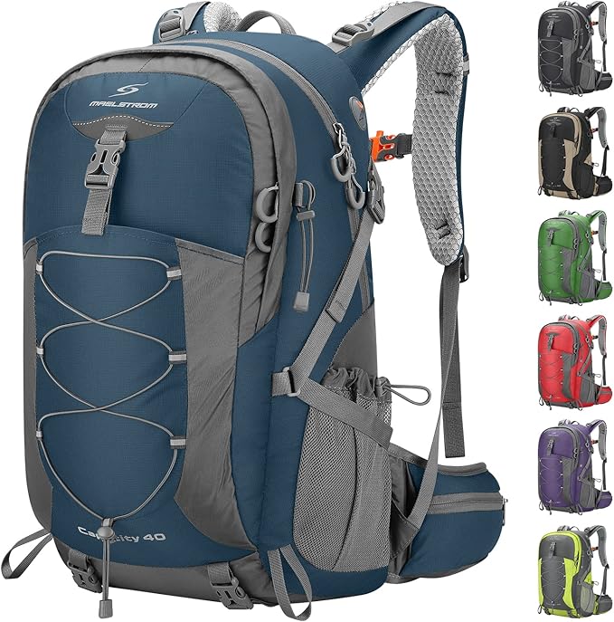 Maelstrom 40L Hiking Backpack, Lightweight Camping Daypack with Rain Cover | Water-Resistant Rip-Stop Nylon, Wet/Dry Separation, Multi-Pockets, Survival Whistle. Ideal For Men, Women, Travel, Trekking