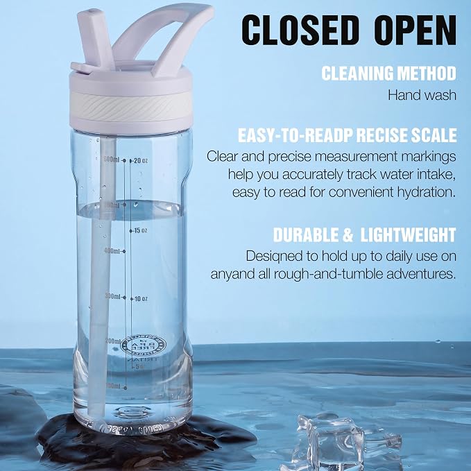 OLDLEY 20oz Kids Water Bottle with Straw, BPA-Free Tritan Water Bottle for School, Leakproof Clear Water Bottle with One Click Open, Measurement Scale, Cup Holder Friendly for Boys Girls,Clear White