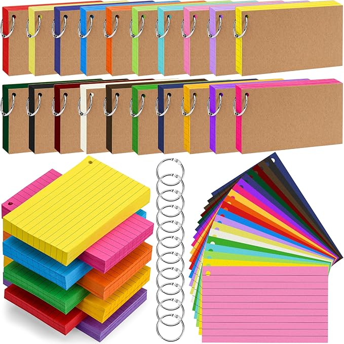 2000 PCS Colored Index Cards 3x5 In Flash Cards with Ring, 20 Colors Punched Lined Flashcards Ruled Index Cards Notecards Study Cards Heavy Note Card for Studying Office To Do List