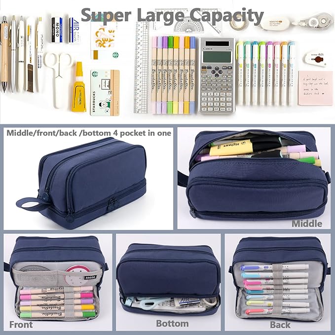 MAMUNU Large Capacity Pencil Case 4 Compartments, Pencil Pouch Bag with Zipper Portable Handle, Pen Case Bag Stationery Organizer for Office College School Adults Teen Girls Boys Men Women, Dark Blue