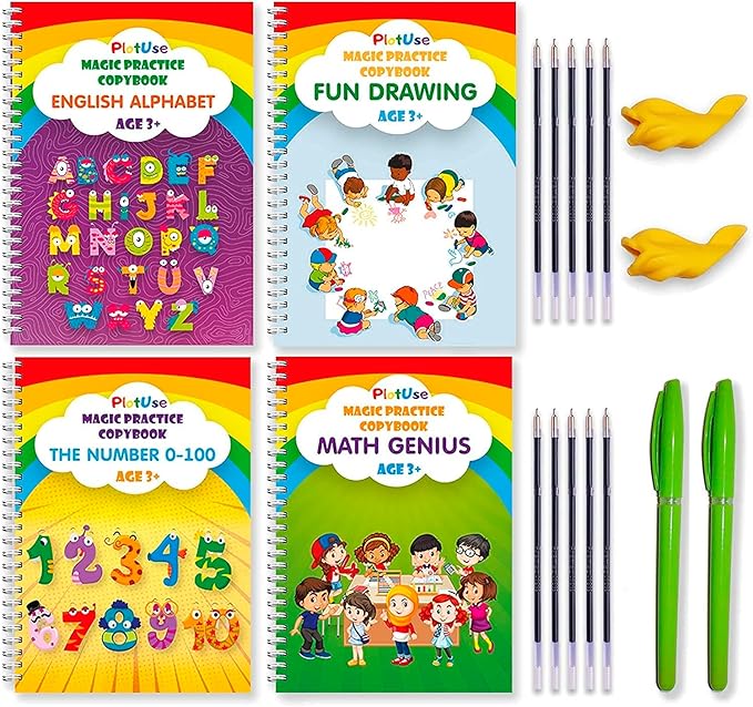 Magic Practice Copybook for Kids Ages 3-8, 4 Pack Grooved Reusable Handwriting Workbooks, Tactile Letter and Number Tracing Set with 2 Disappearing ... Preschool Graduation or Toddler Learning Gift