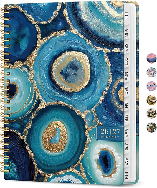 Planner 2026–2027, Academic Monthly Weekly Spiral Calendar, July 2026 – June 2027, Hardcover Agenda Notebook with Tabs, 6.3" x 8.5", Perfect for Students, Teachers, School & Daily Planning - Blue Agate