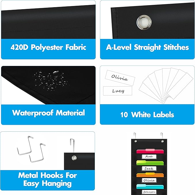 Vantasii Organization Pocket Chart with 10 Pockets, Hanging Wall File Organizer, 2 Over Door Metal Hangers Included, 10 Dry-Erase White Labels,Organize Your Assignments, Files (Black, 14” x 47”)
