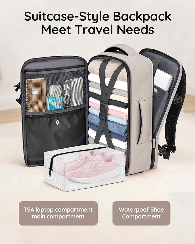 Taygeer Travel Backpack with Shoe Pouch, TSA Approved Personal Item Bag | Carry on Backpack with Water Bottle Pocket, Casual Daypack Fits 15.6'' Laptop, Travel Gifts for Gym Business Work, Brown