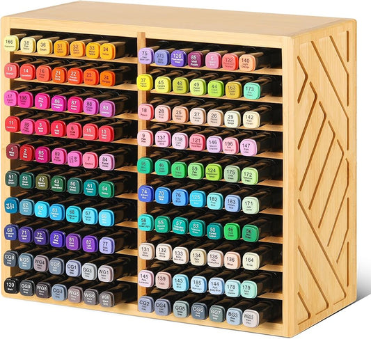 Bamboo Marker Organizer for Desk, Marker Storage Organizer for 140 Markers，Pens, Pencils and Art Brushes，Wooden marker holder for Home, Classroom and Office Decor,Bamboo