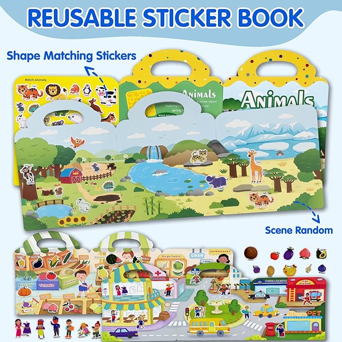 6 Sets Reusable Sticker Book for Kids, Puffy Jelly Stickers for Toddlers, Travel Essentials Craft Activities Toys for Boys Girls Birthday Gifts
