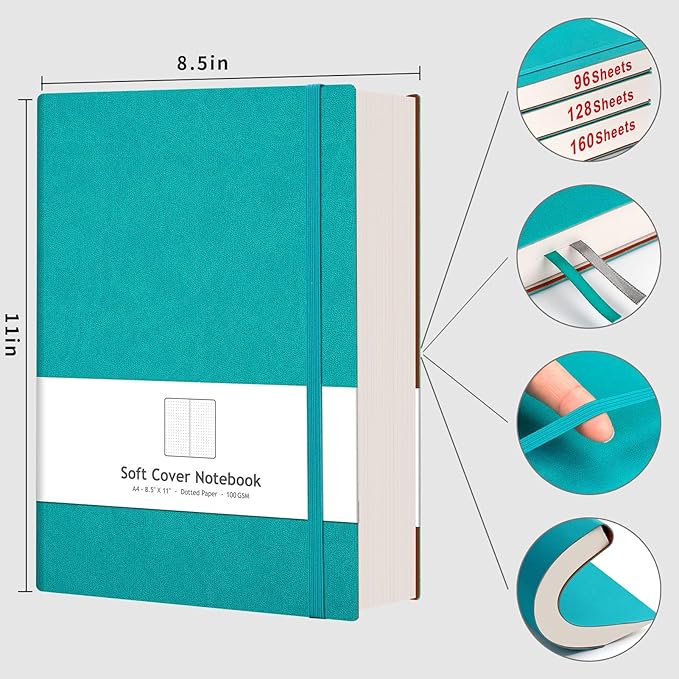 AHGXG Dotted Journal - Large A4 Notebook Dotted, 8.5''×11'', 320 Pages Dot Grid Notebook, 100gsm Thick Paper, Leather Softcover, with Journal Stencils, Inner Pocket, Cyan