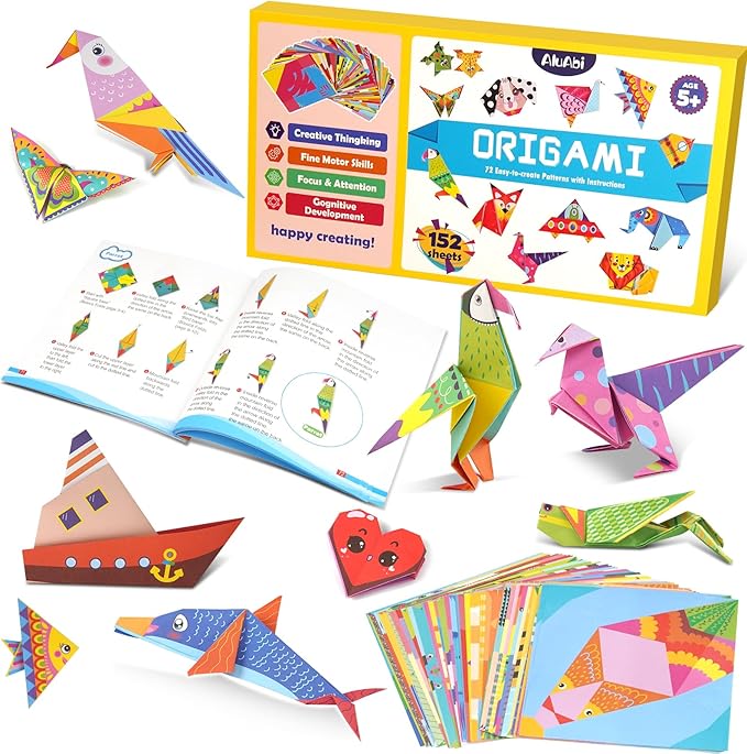AluAbi 152 Sheets Origami Paper Kit for Kids Ages 5-8 8-12,Colorful Folding Paper with 72 Patterns & Instruction Book,Double Sided Origami Kit for Beginners,Art & Crafts Supplies Gifts for Boys Girls