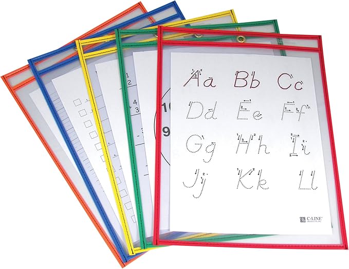 C-Line Reusable Dry Erase Pockets, 9 x 12 Inches, Assorted Primary Colors, 5 Pockets per Pack (40630) (Pack of 3)