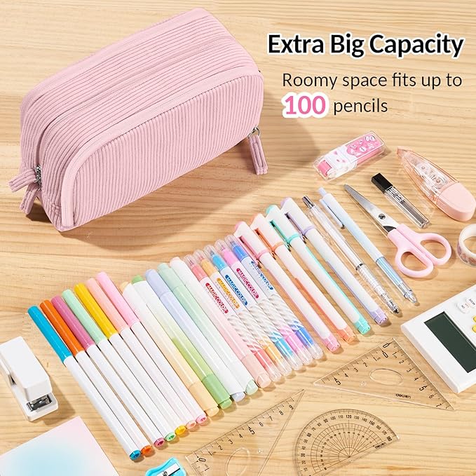 Sooez Big Capacity Pencil Case Pen Pouch, Soft Corduroy Pencil Bag with 3 Compartment, Multiple Pockets, Sturdy Zipper, Cute School Supplies Pen Bag Organizer For Teen Girls College, Pink