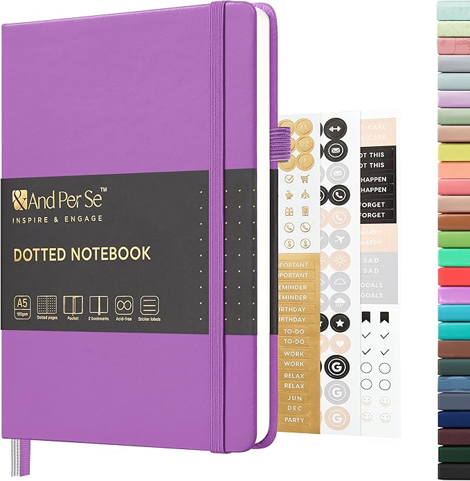 &And Per Se Dotted Journal Notebook, A5 Hardcover Leather Dotted Journal, 160 Pages 100gsm Thick Dot Grid Paper, 3 Sheets of Stickers Included - 5.7'' x 8'' (Violet)