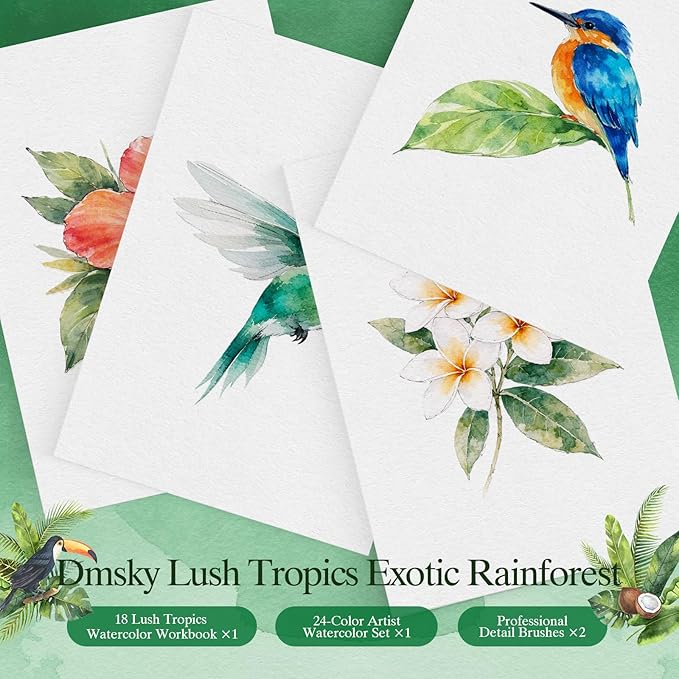 Watercolor Workbook for Beginners,18 Lush Tropics Exotic Rainforest Water Coloring Book,Relaxing & Easy to Paint Water Coloring Book with 24 Colors-Perfect for Gifting to Creativity & Joy for Adults