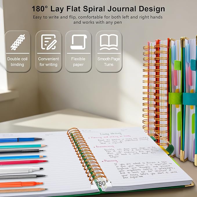 Hardcover Spiral Notebook College Ruled, 8"x10" Leather Journal Notebook with Magnetic Closure, 300 Pages 5 Subject Notebook with Dividers Tabs Journal for Women Men, Work, School(Green)