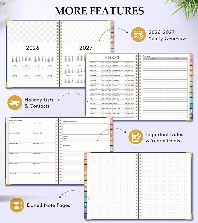 Academic Planner 2026-2027, Hardcover Leather Weekly and Monthly Calendar Planner from July 2026 - June 2027, A5 6.1" x 8.2" Daily Agenda with Tabs, College School Organizer for Student Teacher, Purple