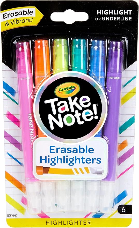 Crayola Take Note Erasable Highlighters (6ct), Teacher Essentials, Cute Aesthetic School Supplies, No Bleed Highlighters, Chisel Tip Marker Set