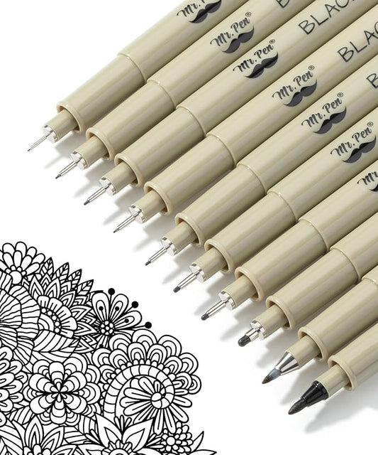 Mr. Pen- Drawing Pens Micro Fineliner Art Pens: 10 Black Fine Line Markers, Waterproof Archival Ink Watercolor Inking Multiliner Manga Sketching Art Supplies Adults Artist Sketch