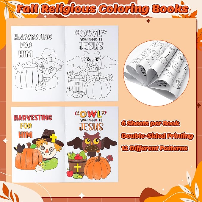 24Pcs Fall Religious Coloring Books - Christian Bible DIY Color-in Pages Booklet Bulk Drawing Autumn Theme Activity Party Supplies for Sunday School Classroom Rewards Artwork Gift for Kids
