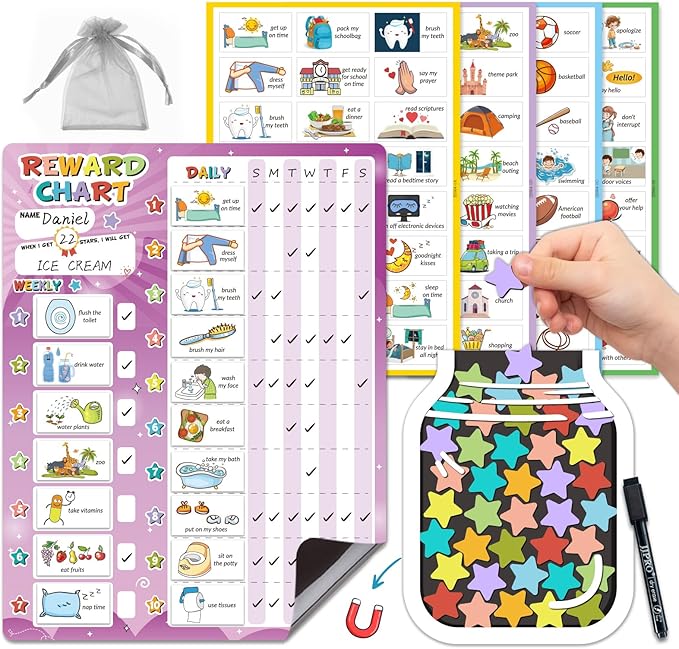 JJPRO Magnetic Reward Chart for Kids with Reward Jar- Behavior Reward Chart System, Toddlers Daily Routine,Visual Schedule Board,96 Reusable Stickers& 45 Star Tokens to Motivate Responsibility