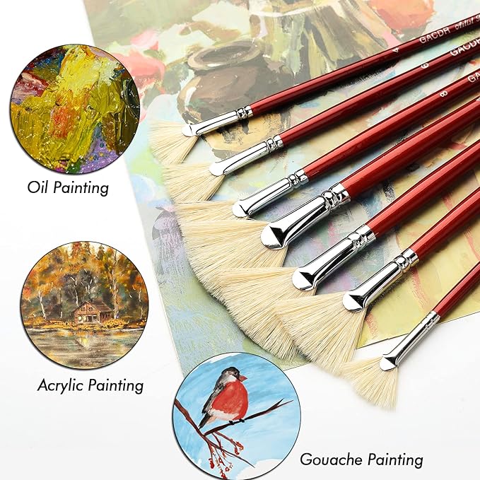 GACDR Fan Brush for Painting, 7 Pieces Fan Brush Set with Hog Bristle Natural Hair and Long Wood Handle, Professional Artist Fan Brushes for Acrylic Painting,Oil Watercolor Painting