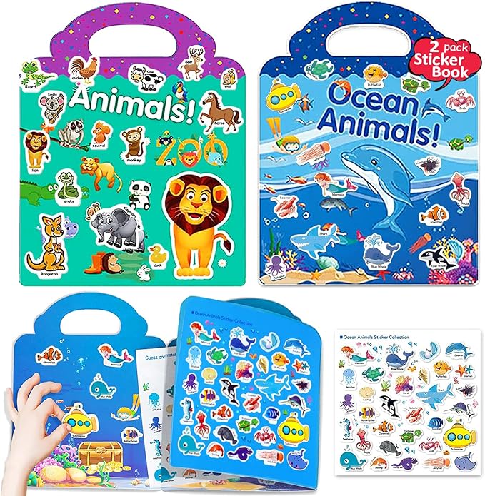 Reusable Sticker Books for Kids, 2 Sets Travel Removable Toddler Sticker Books for 3 4 5 Year Old Girls Boys Birthday Gifts Educational Learning Toys - Ocean & Zoo Animals