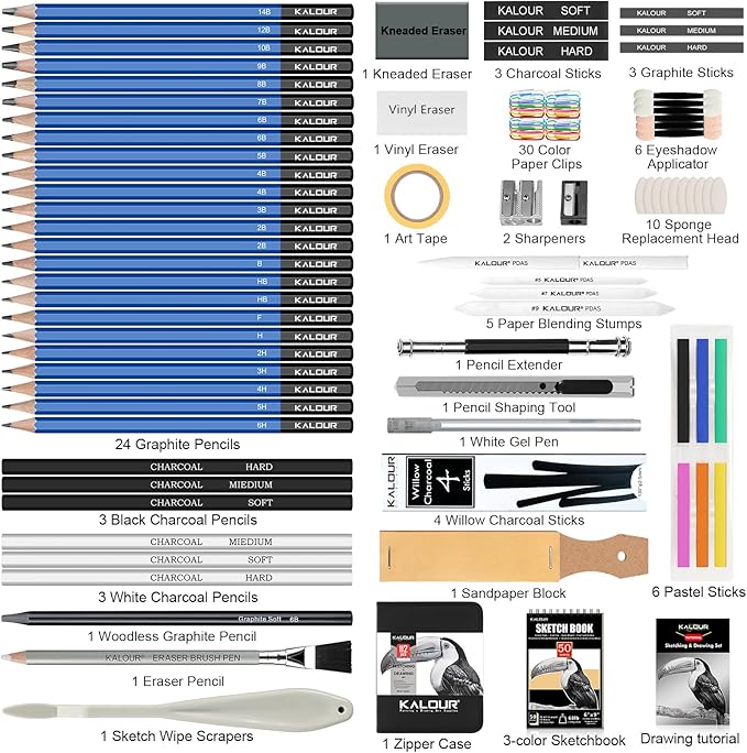 KALOUR PDAS 112 Drawing Set Sketch Kit, Pro Art Supplies with 3-Color Sketchbook, Graphite, Charcoal Pencils, Art Drawing Kit for Artists Adults Teens Beginners, Ideal for Shading & Blending