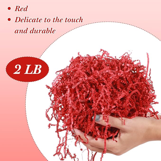 Outus 2 LB Red Crinkle Cut Paper Shred Filler for Gift Baskets Box Bags Red Crinkle Shredded Papers Confetti Stuffing Grass Cushion Tissue for Graduation Wedding Birthday Packaging Wrapping Decoration