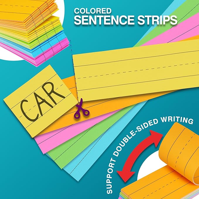 Chell Short Sentence Strips Cardstock 3” x 12”, Colored Ruled Word Learning Strips Nameplates for Teacher Supplies, Pack of 80
