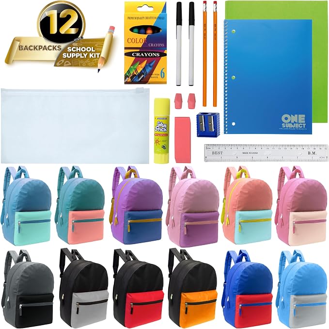 Moda West 17 Inch Bulk Backpacks with 18 Piece School Supply Kit - Case of 12 Wholesale Backpacks in Assorted Colors 6 Boy 6 Girl
