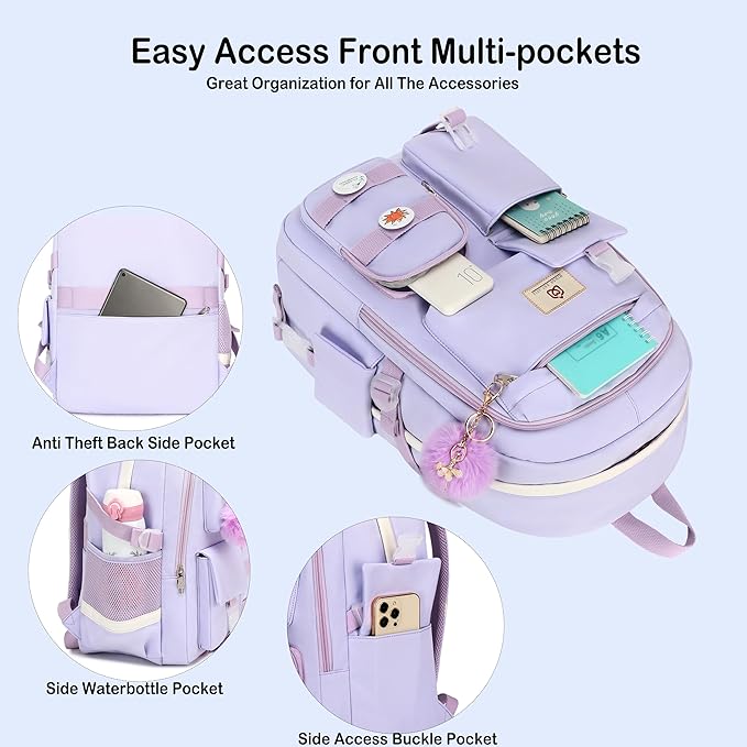 Hidds Laptop Backpacks 15.6 Inch College Backpack Elementary Middle High School Bag Large Cute Bookbags Anti Theft Travel Back Pack Casual Daypack Kids Book Bag for Teens Girls Women Students-Purple