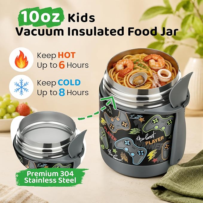 Pawtong 10oz Soup Thermo for Hot Food Kids Insulated Food Jar,Thermo Hot Food Lunch Container, Width Mouth Stainless Steel Lunch Box for Kids with Spoon (Black-Gamepad)
