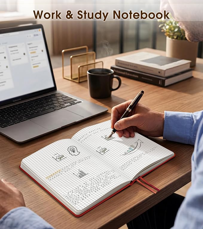 A5 Leather Hardcover Graph Paper Notebook, 160 Pages (5 Squares/Inch), 180° Lay-Flat Binding, 100 GSM Thick Paper, for Math, Engineering, Students & Technical Work (Wine Red)