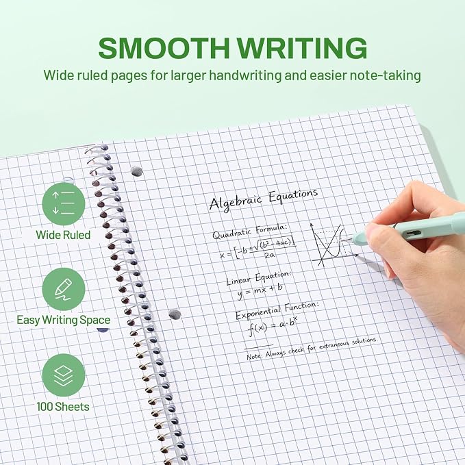SUNEE Spiral Notebook, 1-Subject, Graph Ruled Paper, 8" x 10-1/2", 100 Sheets per Notebook, 3-Hole Punched Paper, Water Resistant Cover, Spiral Grid Notebooks for Work, Home, School, Dark Green