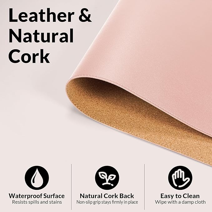 AFIING Leather Desk Pad Protector, Large Mouse Pad, Dual-Sided PU Leather & Natural Cork Desk Mat, Non-Slip Waterproof Laptop Desk Blotter for Office and Home, 23.6" x 13.7",Pink