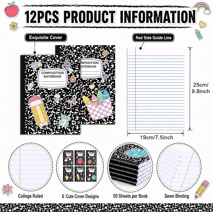 12 Pack Large Composition Notebooks Bulk 9.8 × 7.5 in Wide Ruled Hard Cover Composition Book Assorted Marble Journal College Ruled Paper for College Office Back to School Supplies(Black and White)