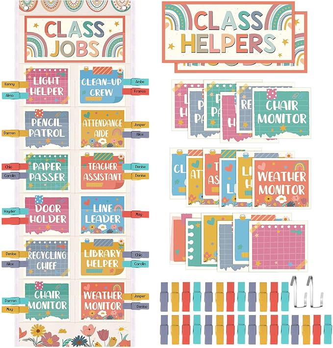 Pasimy Class Jobs Pocket Chart Class Helpers Pocket Chart Classroom Jobs Cards with Clips and Hooks Teacher's Helper Bulletin Board Set for Back to School Classroom Teacher Supplies (Rainbow)