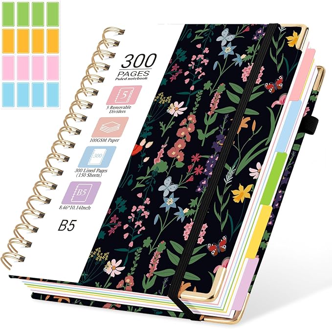 Hardcover Spiral Journal Notebook, 300 Pages 5 Subject Notebook College Ruled with Removable Dividers Tabs, 8" x 10" Notebooks for Work, Spiral Ruled Lined Writing Journal Hardcover Leather Notebook for School (Black Floral, 8''x 10'')